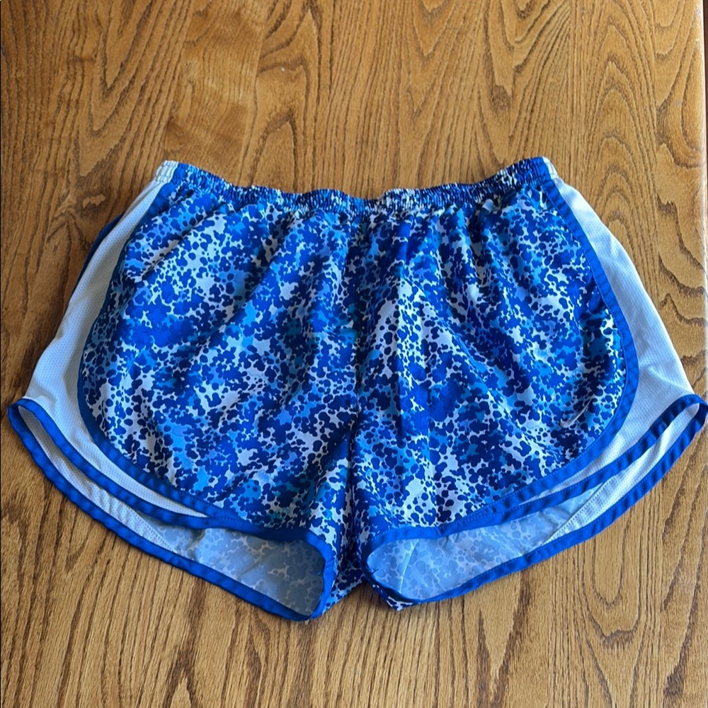 Nike Blue and White Athletic Shorts with Curved Hem